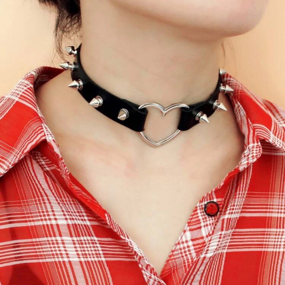 PU Leather Silver Heart Studded Choker